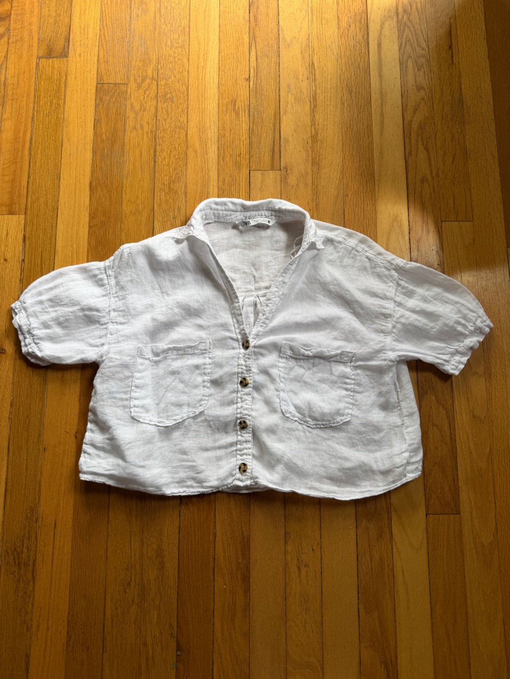 Zara white linen cropped short sleeve button up